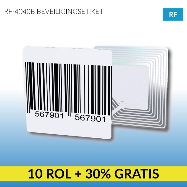 RF Beveiligingsetiket 4040-B, 40 x 40 mm met Barcode, artikelbeveiliging