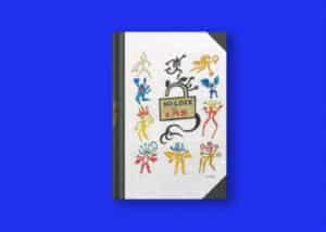Illustratief hardcover boek in staand formaat op blauwe achtergrond.