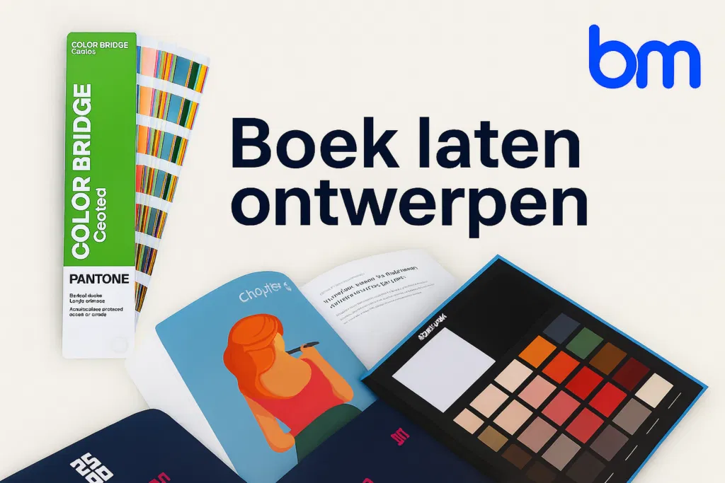 Voorbeeld van een boekontwerp met Pantone-kleurenwaaier, opgemaakte pagina’s en kleurstalen, met het Boekenmakers-logo.