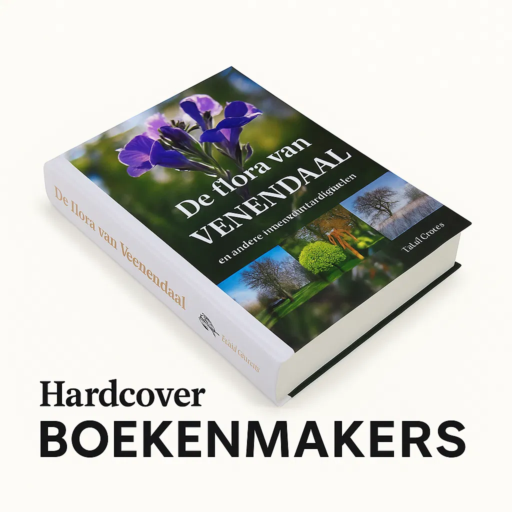 Hardcover boek ‘De flora van Veenendaal’ met kleurrijke bloemen- en natuurafbeeldingen op de kaft en de tekst ‘Hardcover Boekenmakers’ eronder, gepresenteerd op een lichte achtergrond