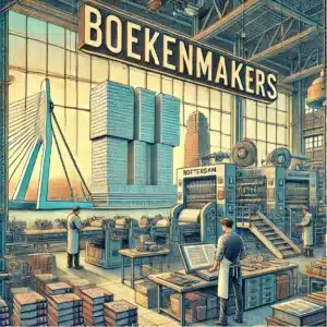 Illustratie van een boek drukken in Rotterdam en boekdrukkerij met uitzicht op de Erasmusbrug en moderne architectuur, met thema boek drukken Rotterdam.