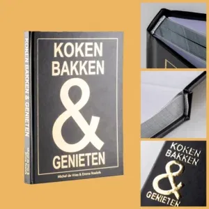 Hardcover kookboek met glanzende goudfolie op de kaft, inclusief close-up van binding en foliedrukdetails.