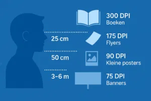 Informatieve infographic over aanbevolen DPI-instellingen voor verschillende afstanden: 300 DPI voor boeken op 25 cm, 175 DPI voor flyers op 50 cm, 90 DPI voor kleine posters op 1 meter en 75 DPI voor banners op 3-6 meter, met blauwe illustraties van een gezicht dat naar de diverse materialen kijkt.