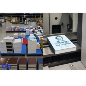 Boekonderdelen in verschillende fases van productie in een professionele boekdrukkerij, met een focus op hardcoververwerking.