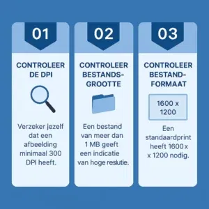 Een infographic in het Nederlands met drie blauwe kolommen, waarin wordt uitgelegd hoe je een afbeelding controleert voor drukwerk (DPI, bestandsgrootte en -formaat).
