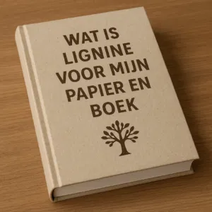Hardcover boek met de titel “Wat is lignine voor mijn papier en boek” in bruine hoofdletters, gedrukt op een natuurlijk ogende kraftkartonnen omslag, met daaronder een eenvoudig boomlogo. Het boek ligt op een houten tafel.