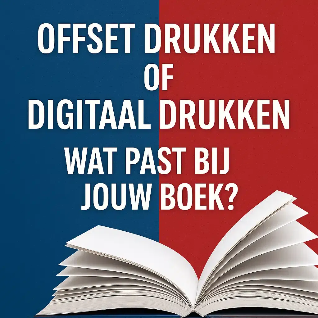 Vergelijkende afbeelding met de tekst “Offset drukken of digitaal drukken – wat past bij jouw boek?”, een open boek en een rood-blauwe achtergrond