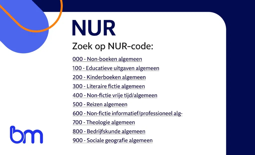 Lijst met NUR-codes en categorieën voor boeken, zoals fictie, non-fictie en kinderboeken.