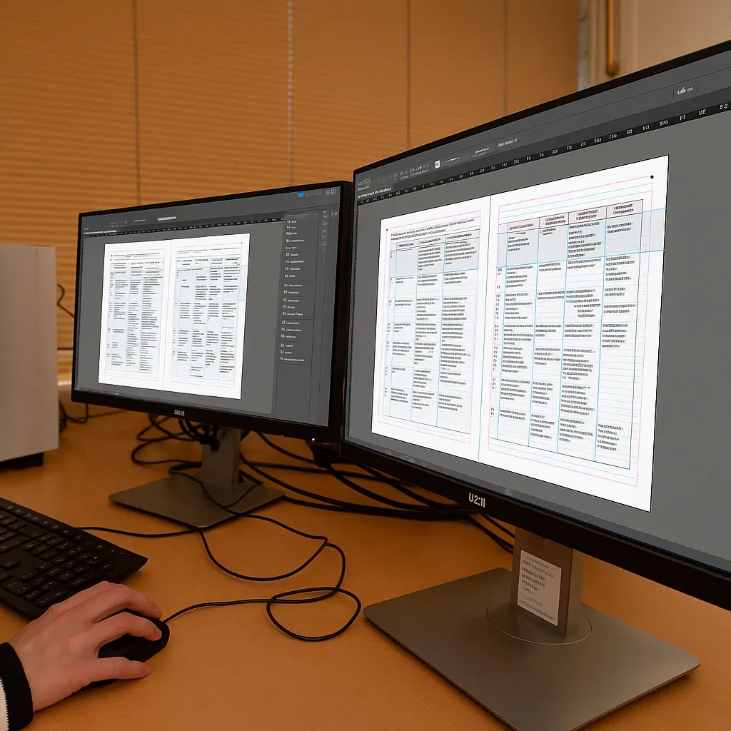 Twee computermonitoren met Adobe InDesign op het scherm, waarop een paginavormgeving in tabelformaat wordt bewerkt, en een persoon aan het werk met toetsenbord en muis. en dus werken met DPI is voor profesionals.