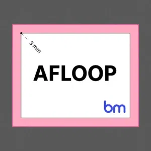 Illustratie van afloop bij drukwerk met 3 mm marge, inclusief aanduiding en logo Boekenmakers.