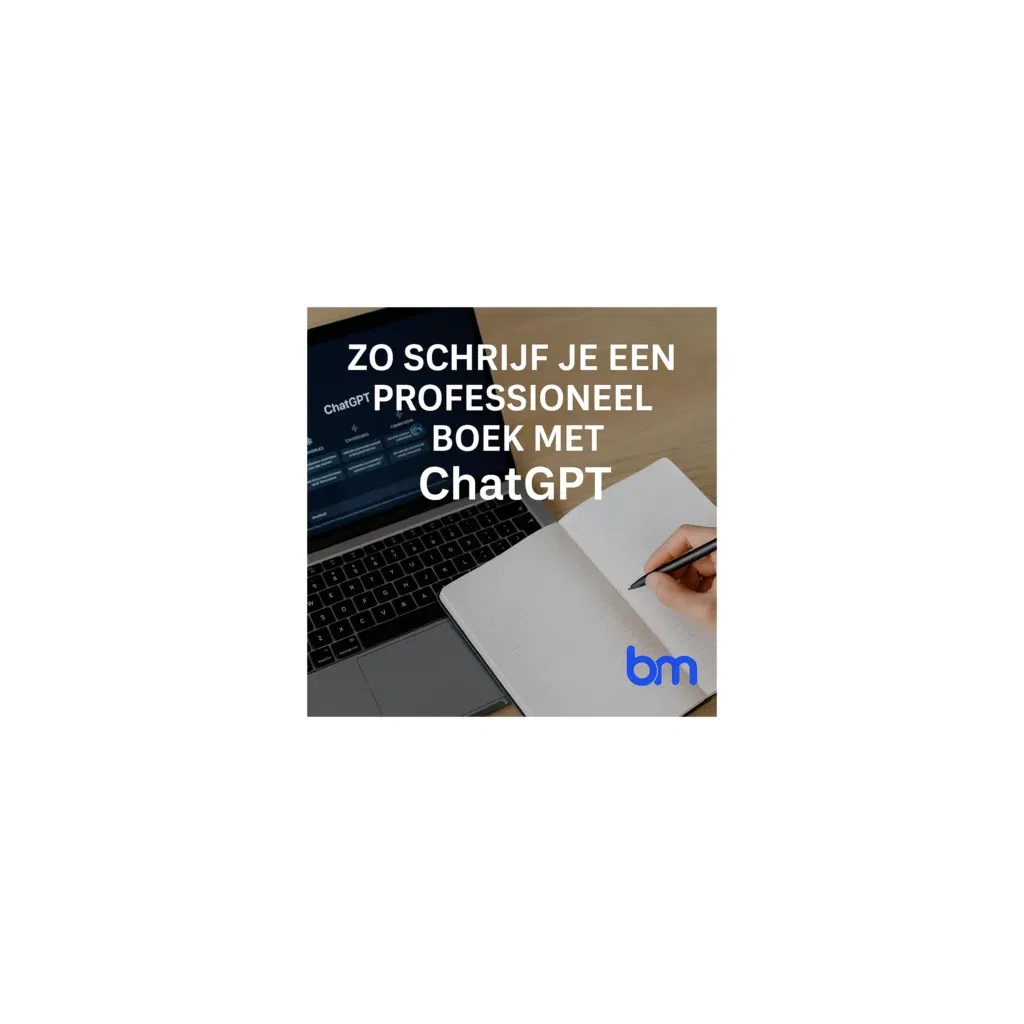 Auteur schrijft aan zijn boek met hulp van ChatGPT op laptop – voorbereiding op publicatie