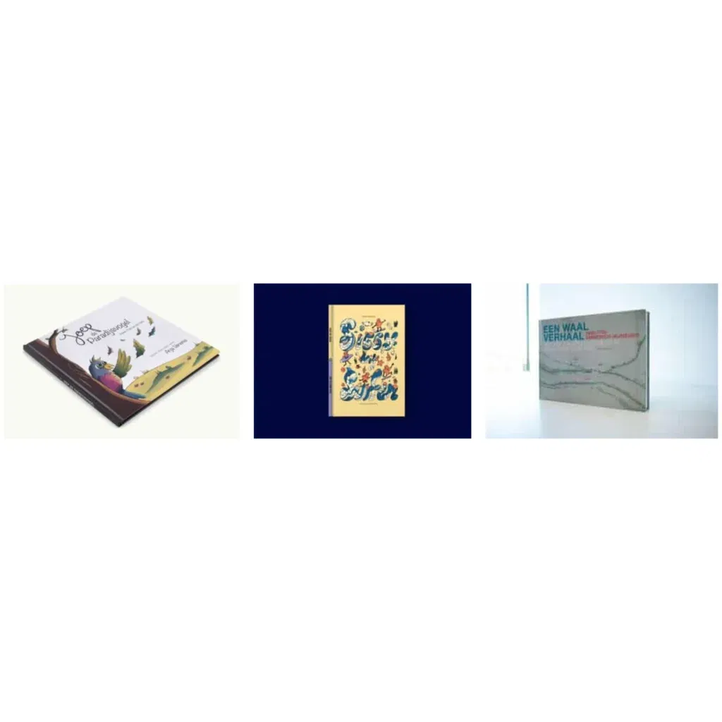 Vergelijking van drie boeken in verschillende formaten: vierkant, staand en liggend.