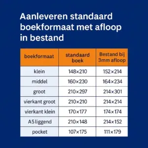 Tabel met standaard boekformaten en bijbehorende afmetingen inclusief 3 mm afloop per formaat.