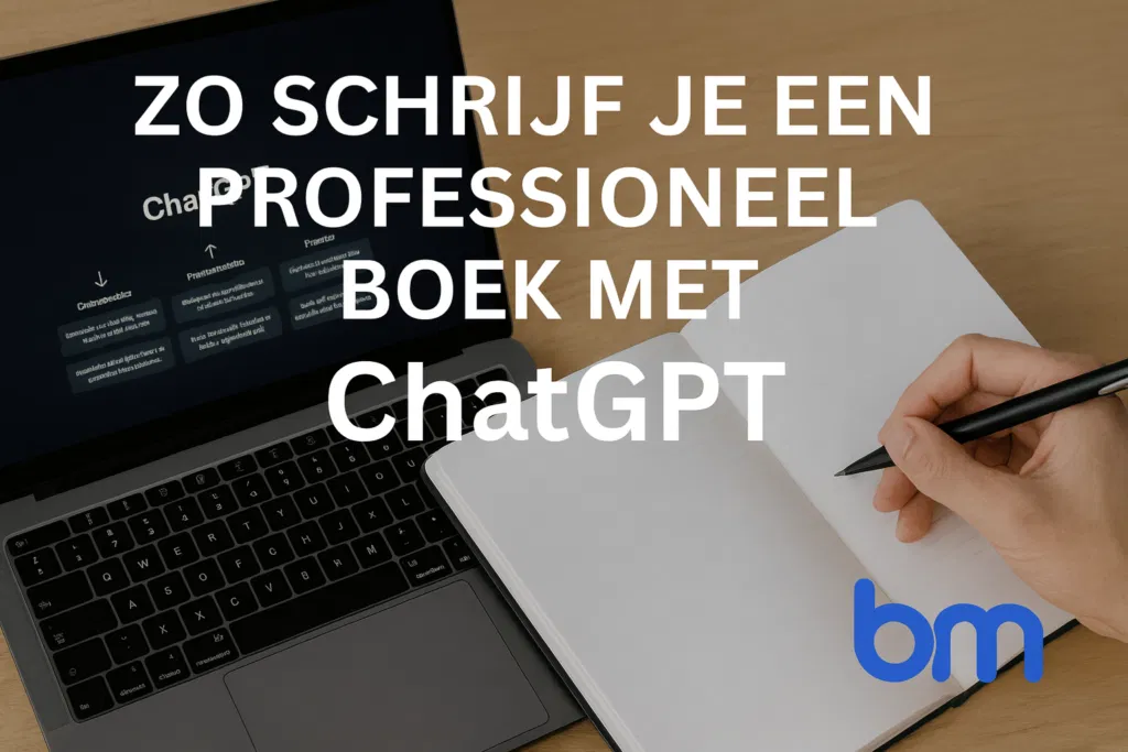 Professioneel een boek schrijven met ChatGPT – AI schrijfcoach illustratie met laptop, notitieboek en bm-logo.