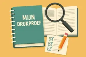 Illustratieve weergave van het controleren van een drukproef met vergrootglas en checklist.