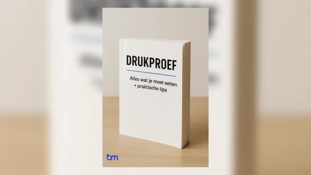 Boek met titel Drukproef op een houten tafel, linksonder voorzien van het blauwe BM-logo.