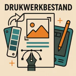 Gestileerde illustratie met grafische elementen zoals een papiervel, kleurstaal, pentool, tekentablet en de tekst “DRUKWERKBESTAND” in hoofdletters erboven.