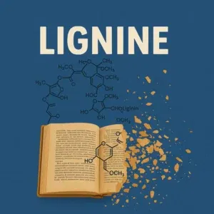 Illustratie van een open oud boek op een blauwe achtergrond, met het woord “LIGNINE” erboven in witte hoofdletters. Moleculaire structuren zijn over de pagina’s geplaatst en rechts van het boek vliegen brokstukken papier uiteen. 