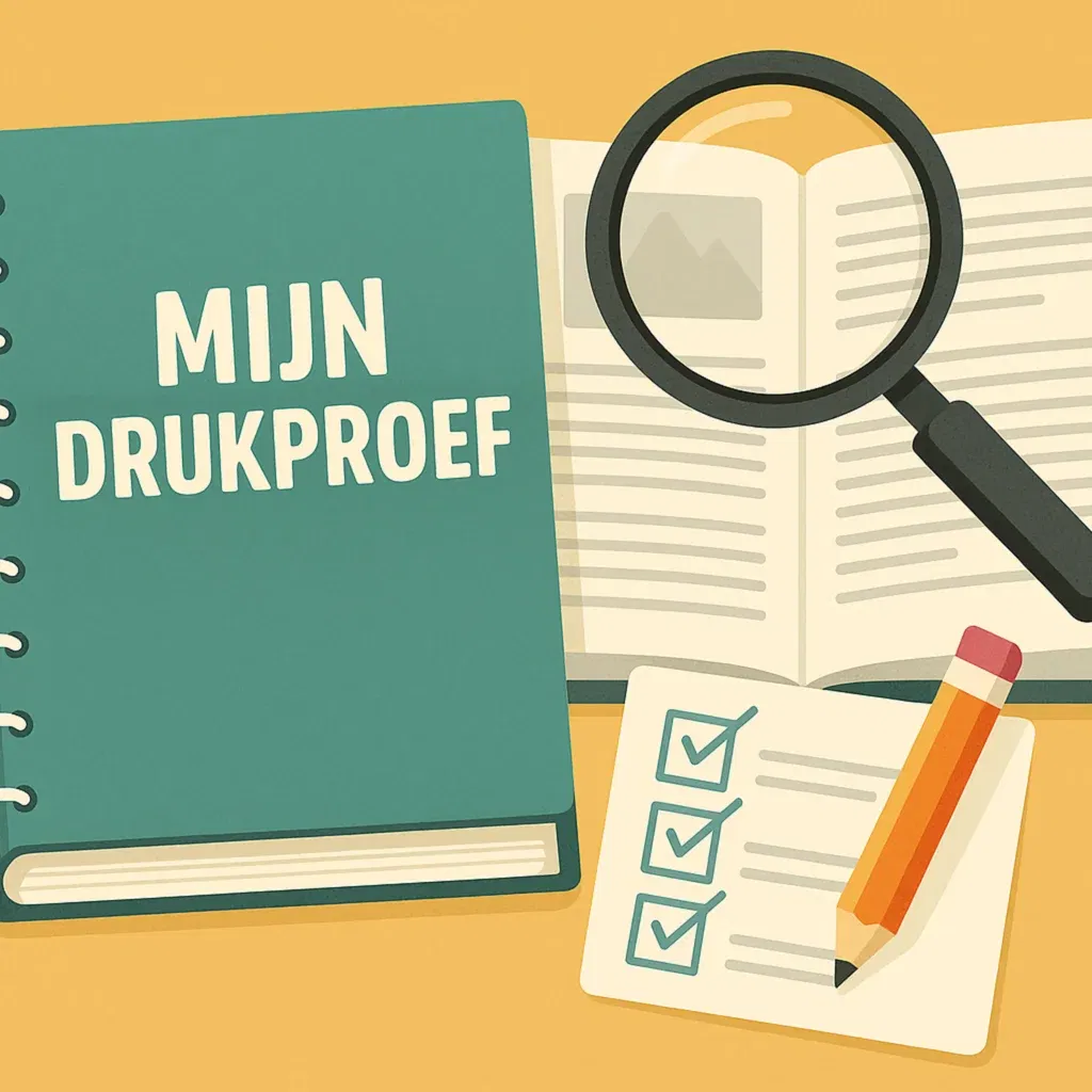 Illustratieve weergave van het controleren van een drukproef met vergrootglas en checklist.