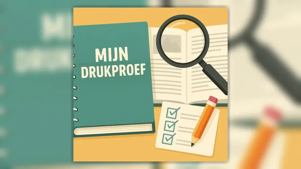 Illustratie “Mijn drukproef” met boek, vergrootglas en checklist voor het controleren van een proefdruk.