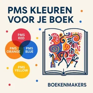 Open boek met kleurrijke PMS-druk in rood, oranje, geel en blauw op blauwe achtergrond – Boekenmakers logo rechtsonder