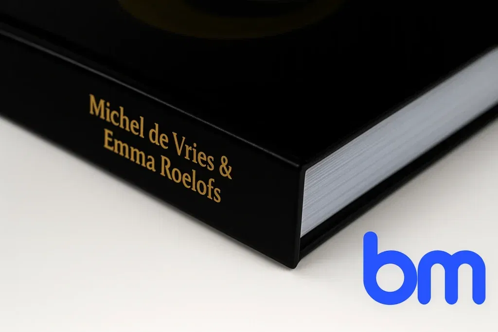 Close-up van een hardcover boek met zwarte kaft en goudfolie rugtekst, professioneel gedrukt door Boekenmakers.