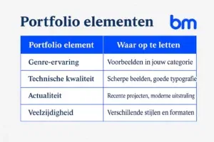 Grafische tabel met portfolio elementen: genre-ervaring, technische kwaliteit, actualiteit en veelzijdigheid, met bijbehorende aandachtspunten zoals voorbeelden in categorie, scherpe beelden, recente projecten en verschillende stijlen.