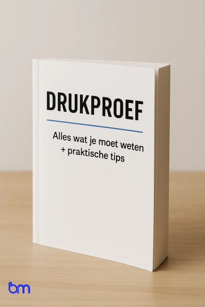 Boek met titel Drukproef op een houten tafel, linksonder voorzien van het blauwe BM-logo.
