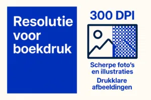 Informatieve afbeelding over resolutie voor boekdruk met grote tekst “300 DPI”, een icoon van een afbeelding met scherp en pixelig deel, en de boodschap dat hoge resolutie zorgt voor scherpe foto’s en drukklare illustraties.