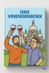 Omslag van een vriendenboek met illustratie van twee mannen die proosten met een glas wijn voor de Sacré-Cœur in Parijs, met het Boekenmakers-logo rechtsonder.