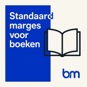 Vierkante afbeelding met de tekst “Standaard marges voor boeken” in een blauw vlak, een zwart lijnicoon van een open boek en het blauwe Boekenmakers-logo onderin.