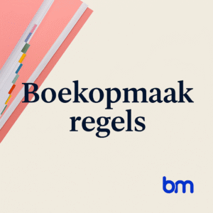 Vierkante afbeelding met open boek, kleurrijke tabbladen en Boekenmakers-logo, met de titel ‘Boekopmaak regels’ als thema.