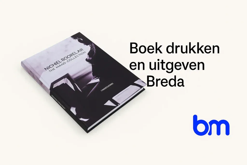 Boek drukken en uitgeven in Breda met persoonlijke begeleiding, professioneel gedrukt hardcover boek en Boekenmakers-logo.