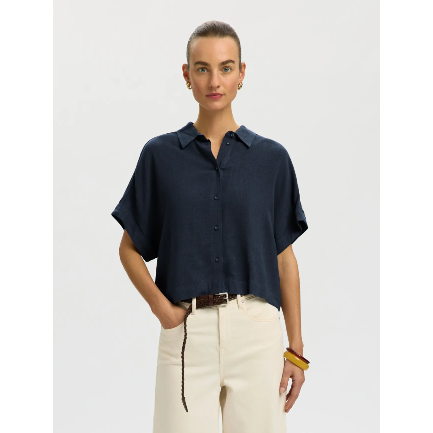 Selected Viva SS Cropped Sun Shirt Noos Dark Sapphire