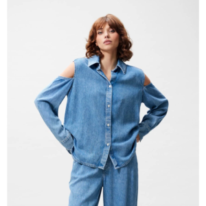Catwalk Junkie Open Shoulder Denim Blouse Blue - blue, 36