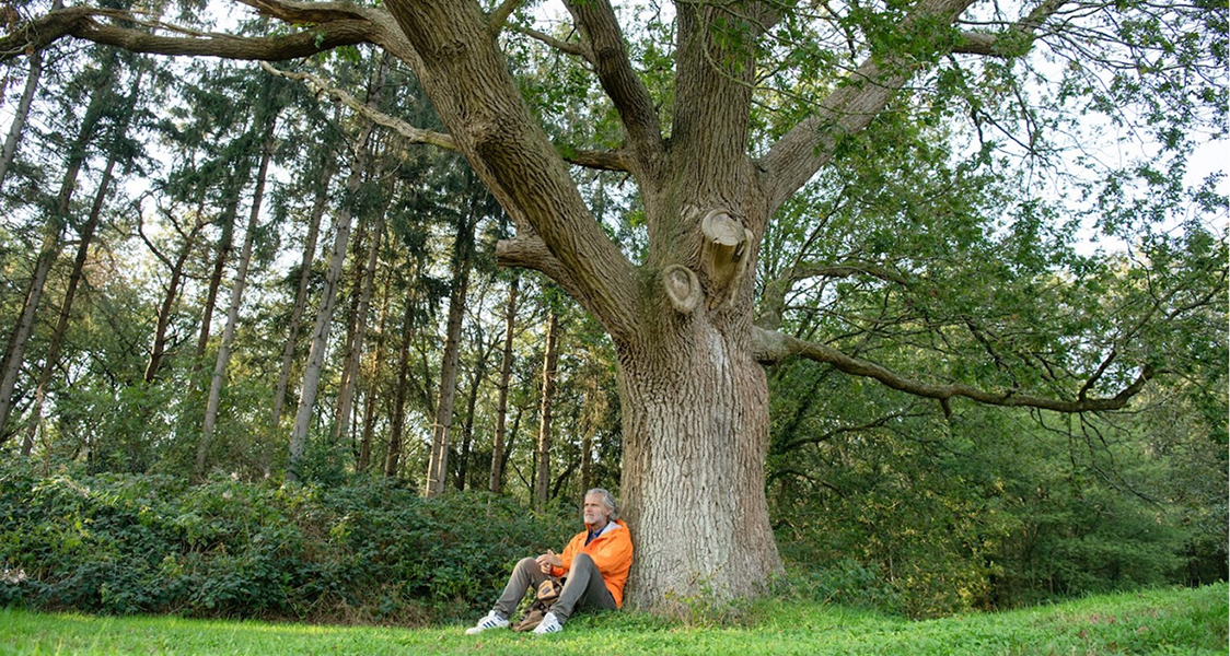 Een man zit tegen een boom aan en denkt na