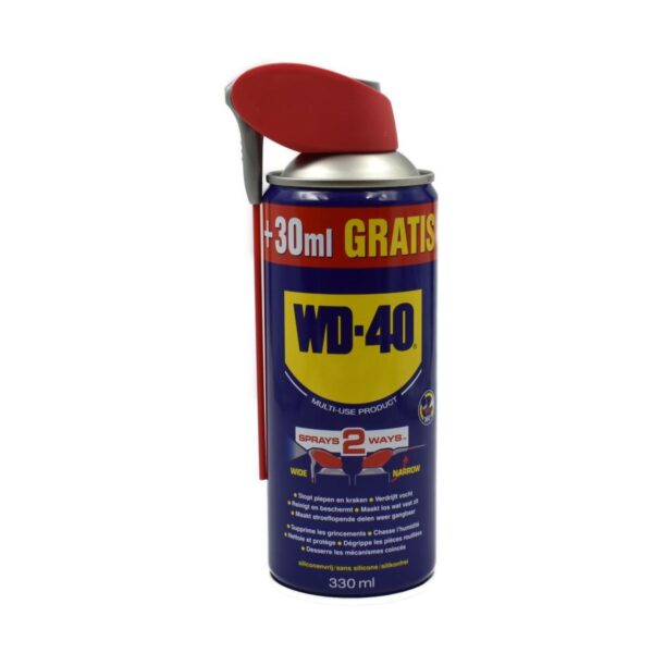 WD-40 AEROSOL 330ML Extra info: Content: 330ml Protects against rust and corrosion Is a penetrating oil with penetrating effect Loosens stuck nuts Displaces moisture and restores electrical contact Lubricates almost everything 2-way spray system Removes grease and dirt