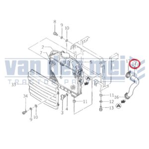Koelwaterslang onder Iseki TX1000 TX1300 TX1500 G152 G154 G172 G174 TX1000F TX1300F TX1500F KE55 KE70 KE75 Minitractor minitrekker koelslang radiateurslang radiatorslang darmen durit